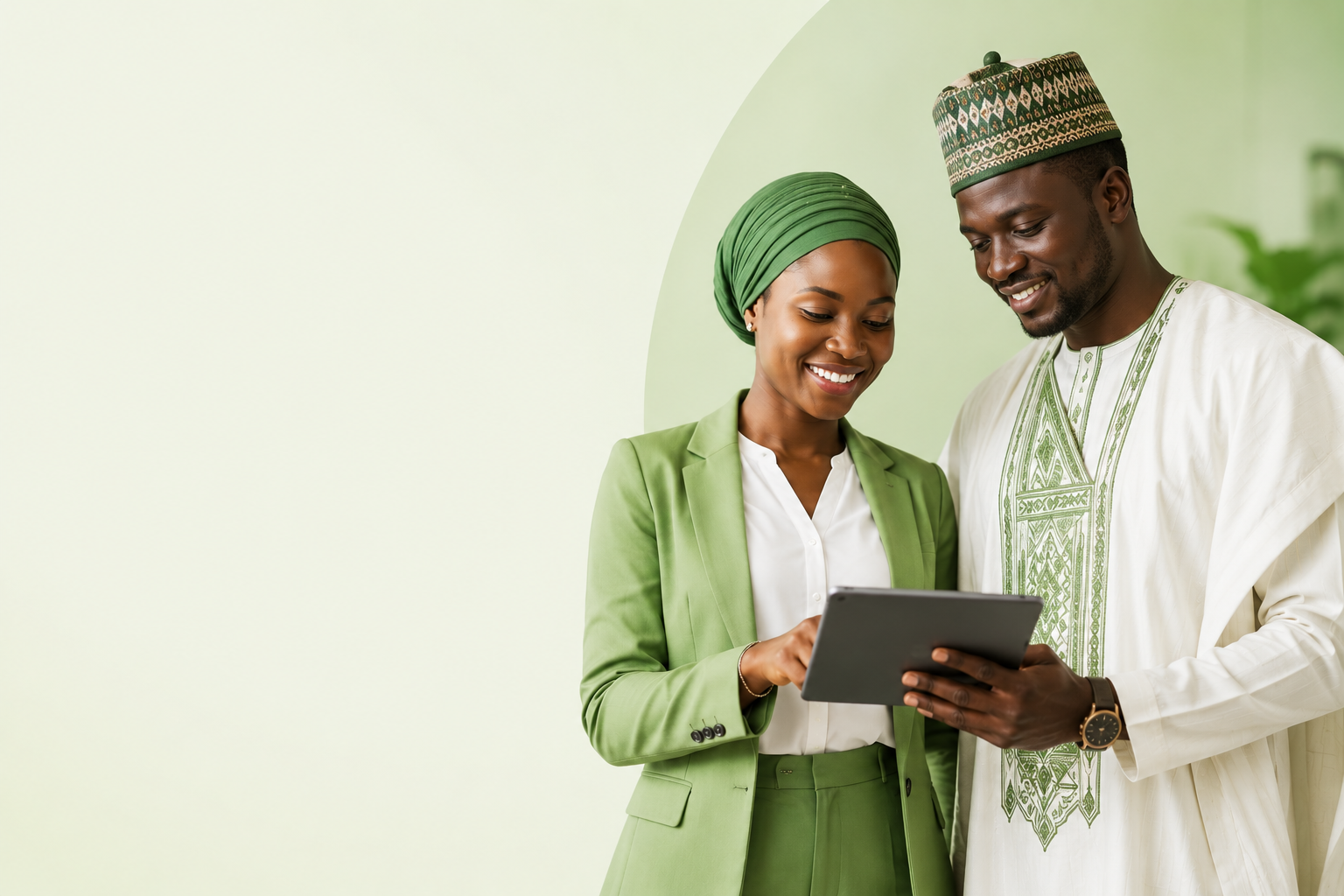 Accueil Deux professionnels nigériens, une femme en tenue moderne et un homme en tenue traditionnelle élégante, consultant une tablette dans un environnement corporate, symbolisant le conseil en assurance au Niger.