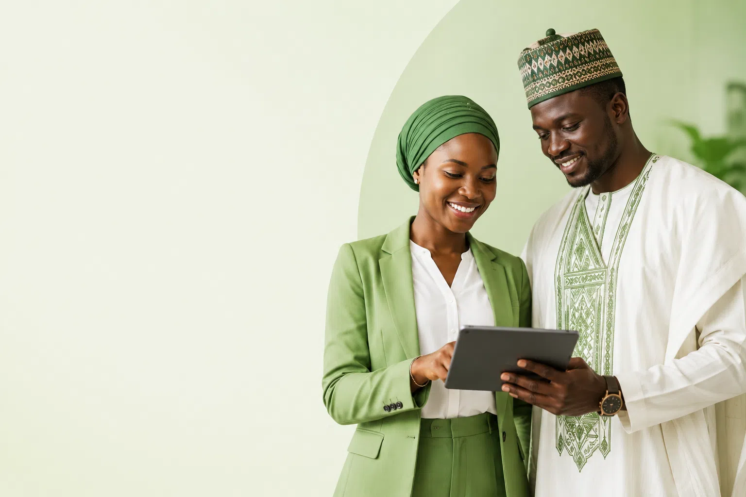 Deux professionnels nigériens, une femme en tenue moderne et un homme en tenue traditionnelle élégante, consultant une tablette dans un environnement corporate, symbolisant le conseil en assurance au Niger.