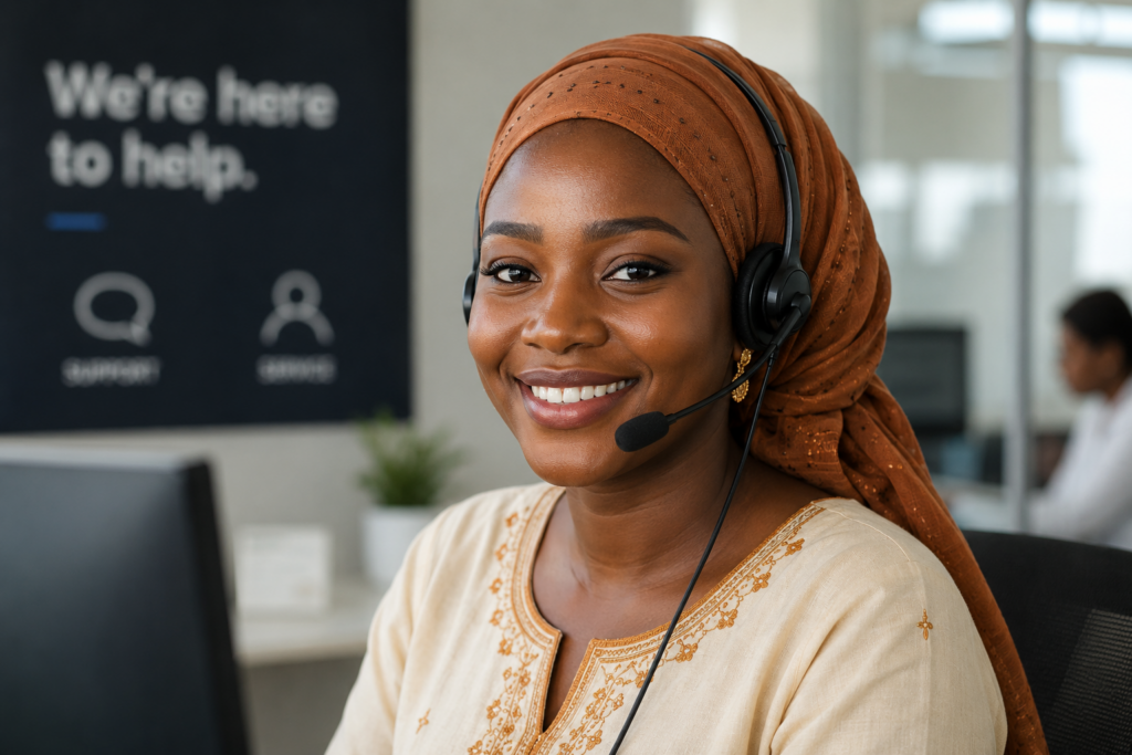 Centre d'appel accueillant cafrican, Niger woman, headset, smiling, office, support, communication, professional, service, business, connection, friendly, customer, focus, career, work, technology, corporate, help