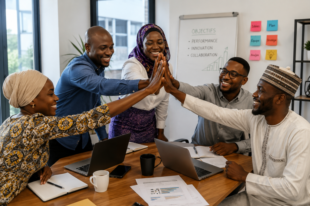A joyful group of diverse african from niger colleagues high-fiving each other in an office, symbolizing teamwork and collaboration.